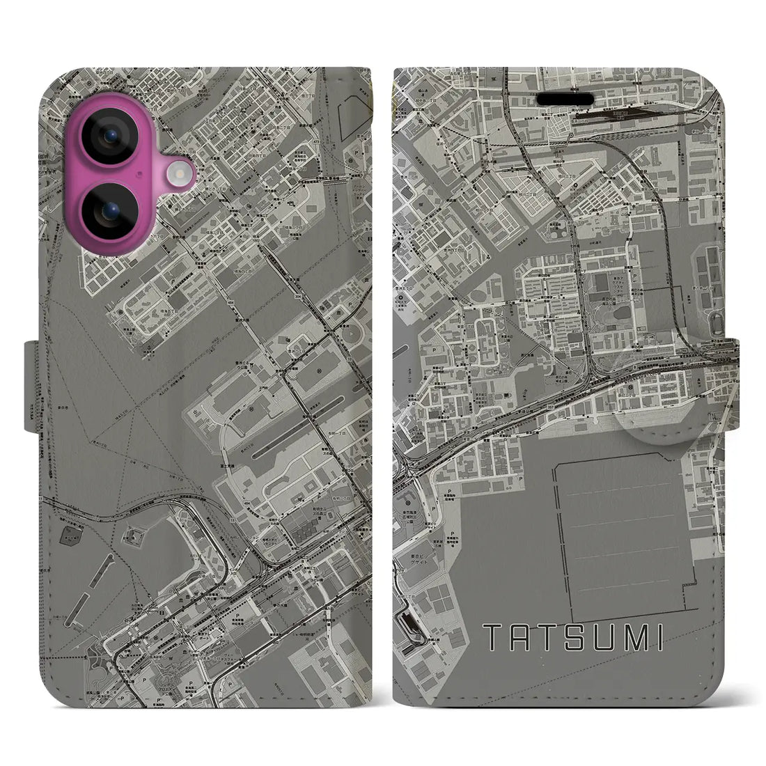 【辰巳（東京都）】地図柄iPhoneケース（手帳タイプ）モノトーン・iPhone 16 Pro 用