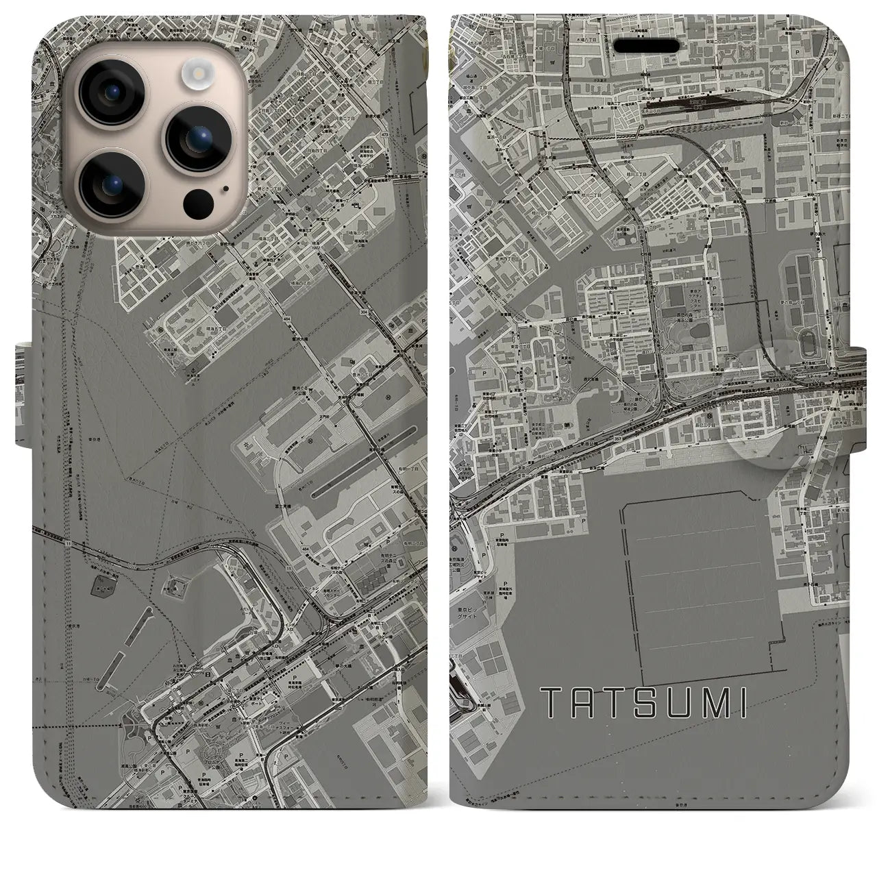 【辰巳（東京都）】地図柄iPhoneケース（手帳タイプ）モノトーン・iPhone 16 Plus 用