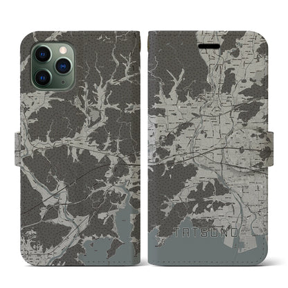 【たつの（兵庫県）】地図柄iPhoneケース（手帳タイプ）モノトーン・iPhone 11 Pro 用