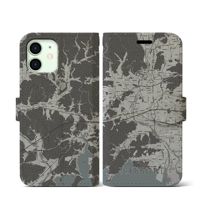 【たつの（兵庫県）】地図柄iPhoneケース（手帳タイプ）モノトーン・iPhone 12 mini 用