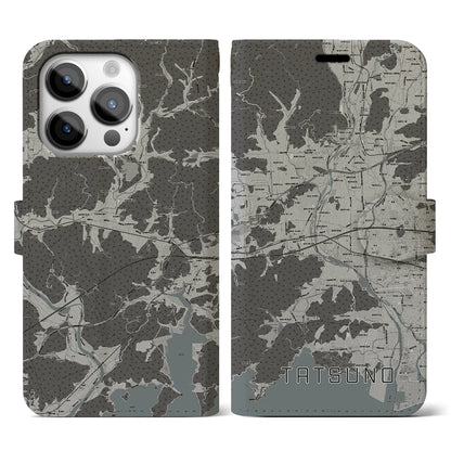 【たつの（兵庫県）】地図柄iPhoneケース（手帳タイプ）モノトーン・iPhone 14 Pro 用