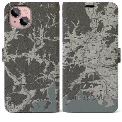 【たつの（兵庫県）】地図柄iPhoneケース（手帳タイプ）モノトーン・iPhone 15 Plus 用