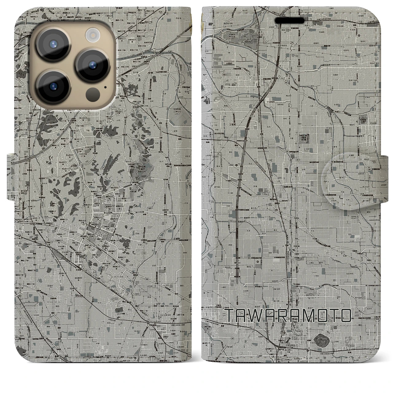 【田原本】地図柄iPhoneケース（手帳両面タイプ・モノトーン）iPhone 14 Pro Max 用