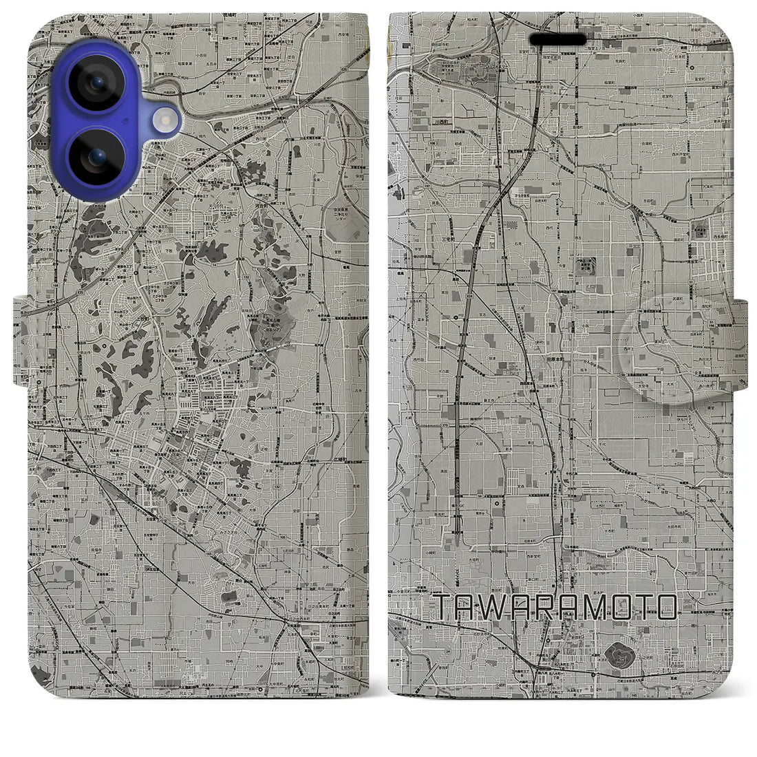 【田原本(奈良県)】地図柄iPhoneケース(手帳タイプ)モノトーン・iPhone 16 Pro Max 用