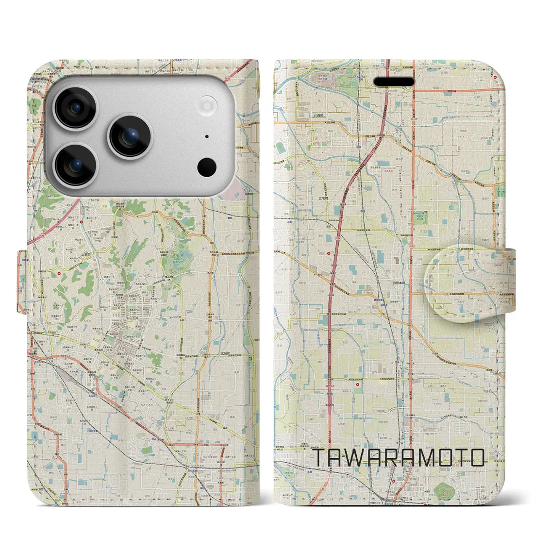 【田原本(奈良県)】地図柄iPhoneケース(手帳タイプ)モノトーン・iPhone 17 Pro Max 用