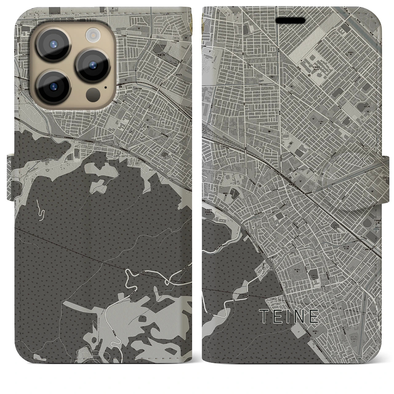 【手稲】地図柄iPhoneケース（手帳両面タイプ・モノトーン）iPhone 14 Pro Max 用