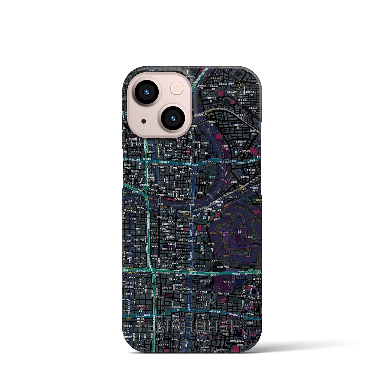 【天満橋（大阪府）】地図柄iPhoneケース（バックカバータイプ）ブラック・iPhone 13 mini 用