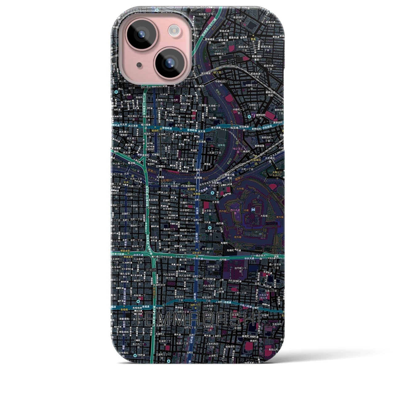 【天満橋（大阪府）】地図柄iPhoneケース（バックカバータイプ）ブラック・iPhone 15 Plus 用