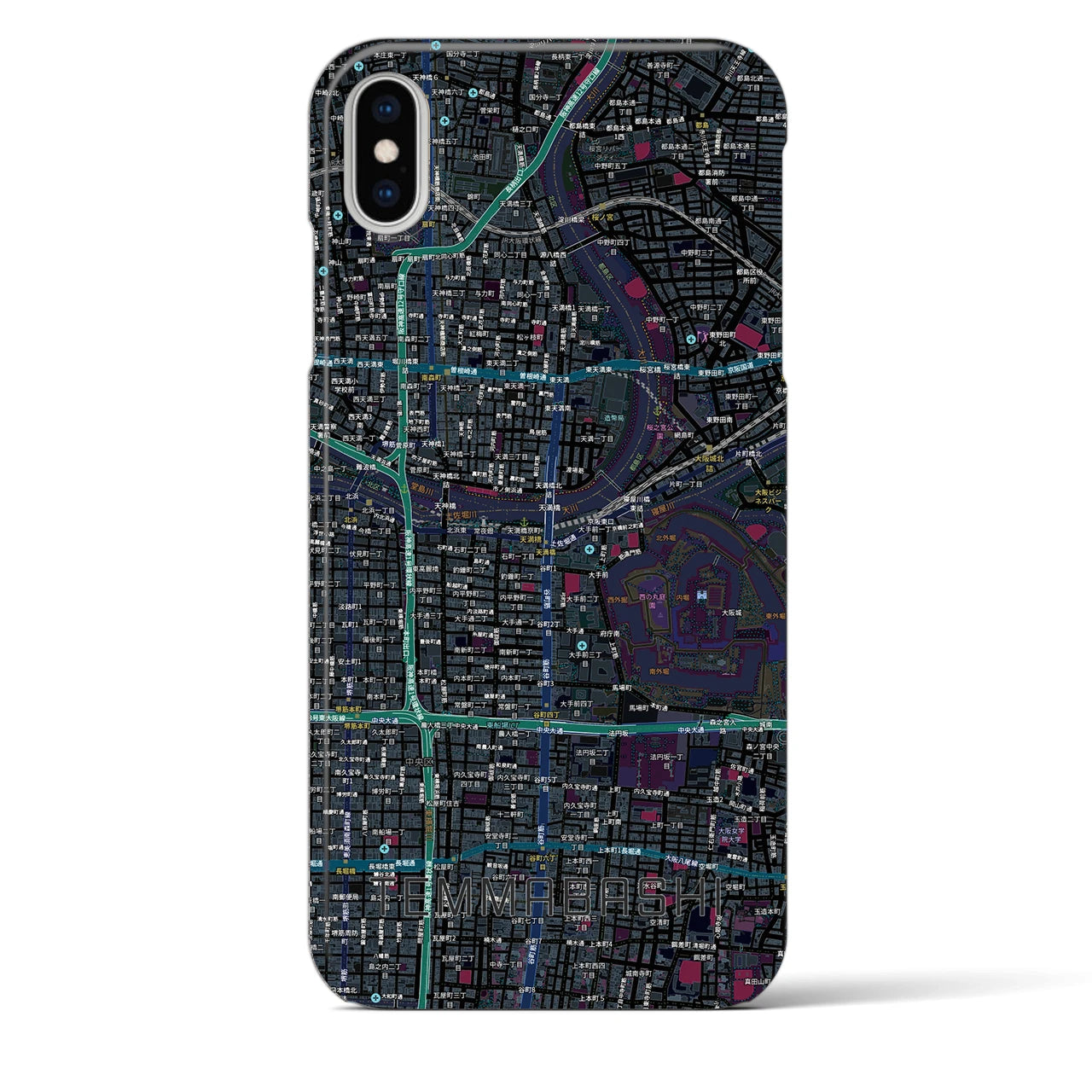 【天満橋（大阪府）】地図柄iPhoneケース（バックカバータイプ）ブラック・iPhone XS Max 用