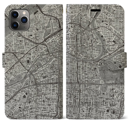 【天満橋（大阪府）】地図柄iPhoneケース（手帳タイプ）モノトーン・iPhone 11 Pro Max 用
