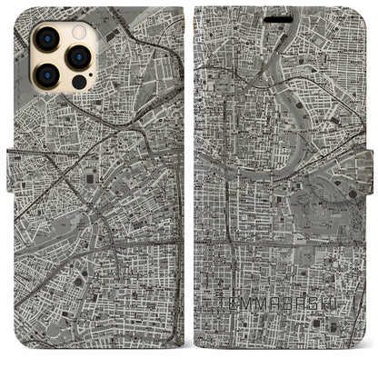 【天満橋（大阪府）】地図柄iPhoneケース（手帳タイプ）モノトーン・iPhone 12 Pro Max 用