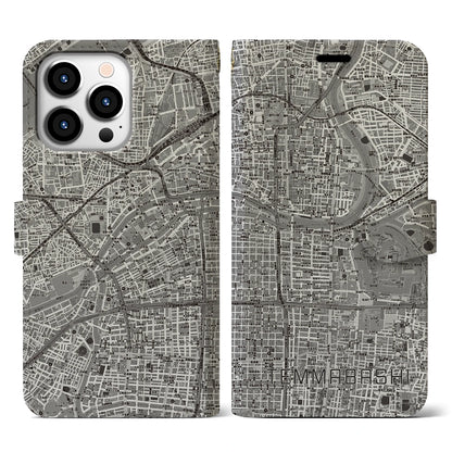 【天満橋（大阪府）】地図柄iPhoneケース（手帳タイプ）モノトーン・iPhone 13 Pro 用