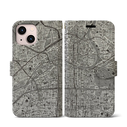 【天満橋（大阪府）】地図柄iPhoneケース（手帳タイプ）モノトーン・iPhone 13 mini 用