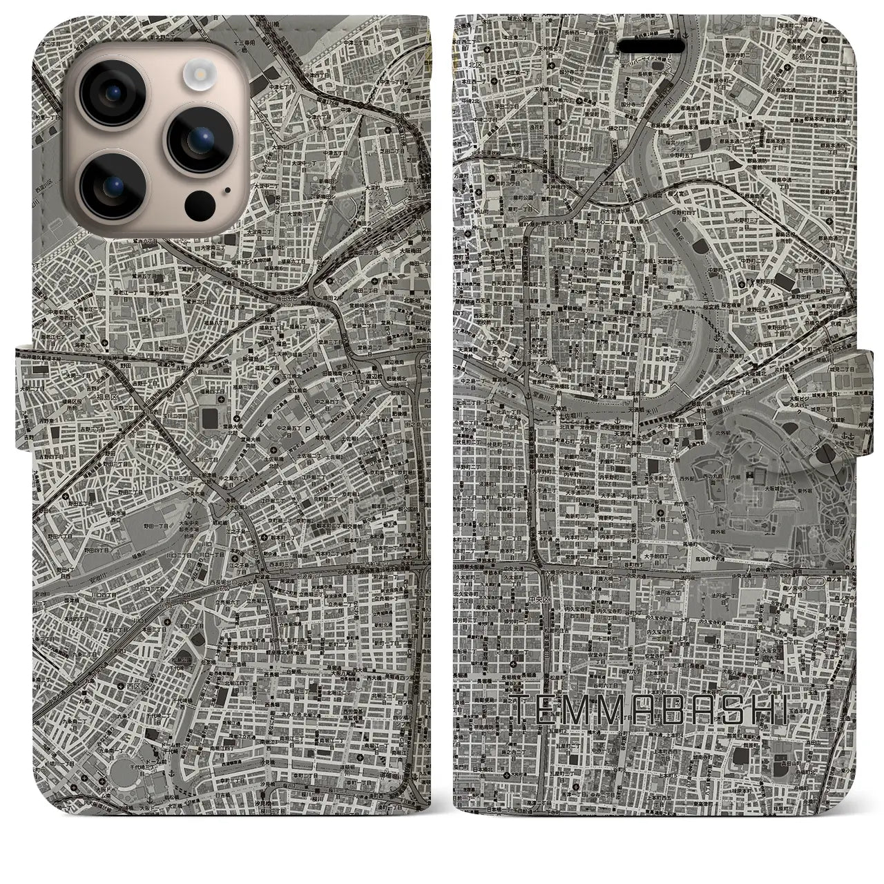 【天満橋（大阪府）】地図柄iPhoneケース（手帳タイプ）モノトーン・iPhone 16 Plus 用