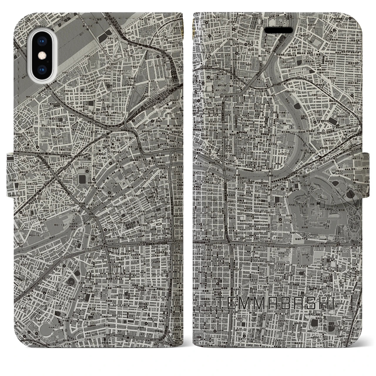 【天満橋（大阪府）】地図柄iPhoneケース（手帳タイプ）モノトーン・iPhone XS Max 用