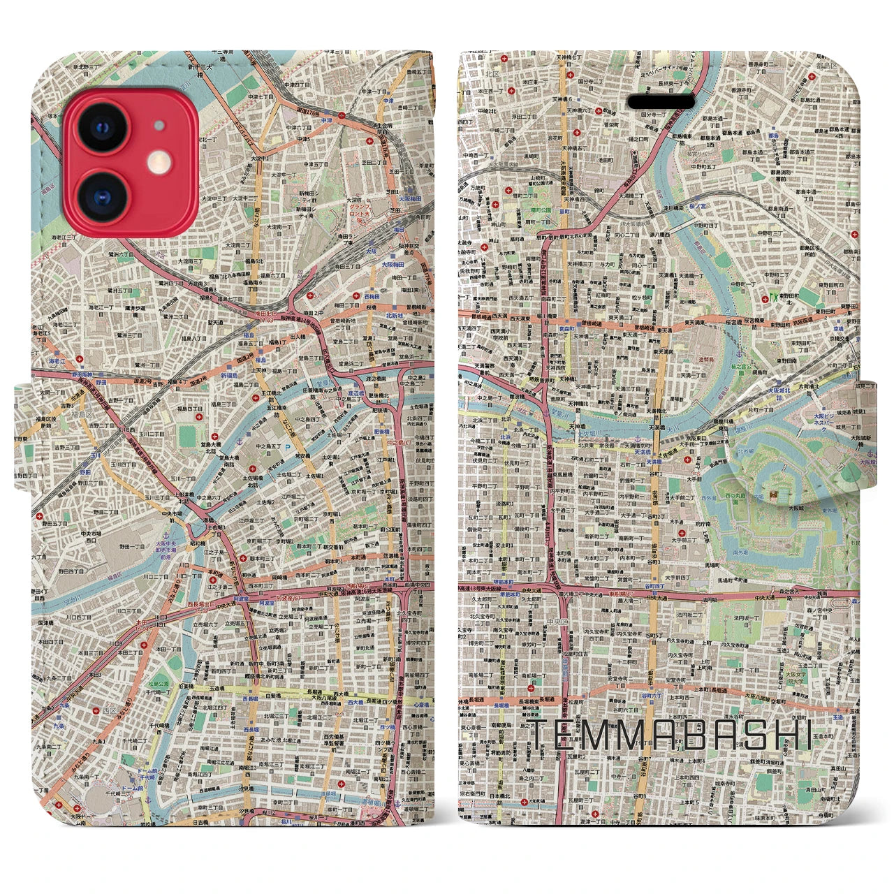 【天満橋（大阪府）】地図柄iPhoneケース（手帳タイプ）ナチュラル・iPhone 11 用