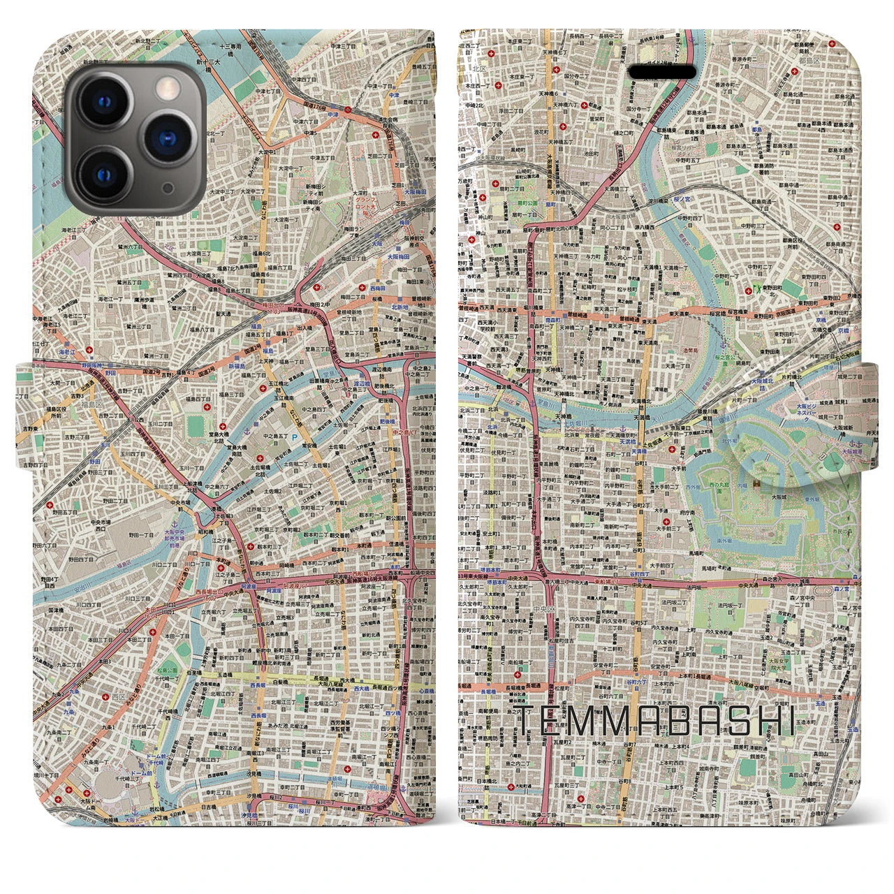 【天満橋（大阪府）】地図柄iPhoneケース（手帳タイプ）ナチュラル・iPhone 11 Pro Max 用