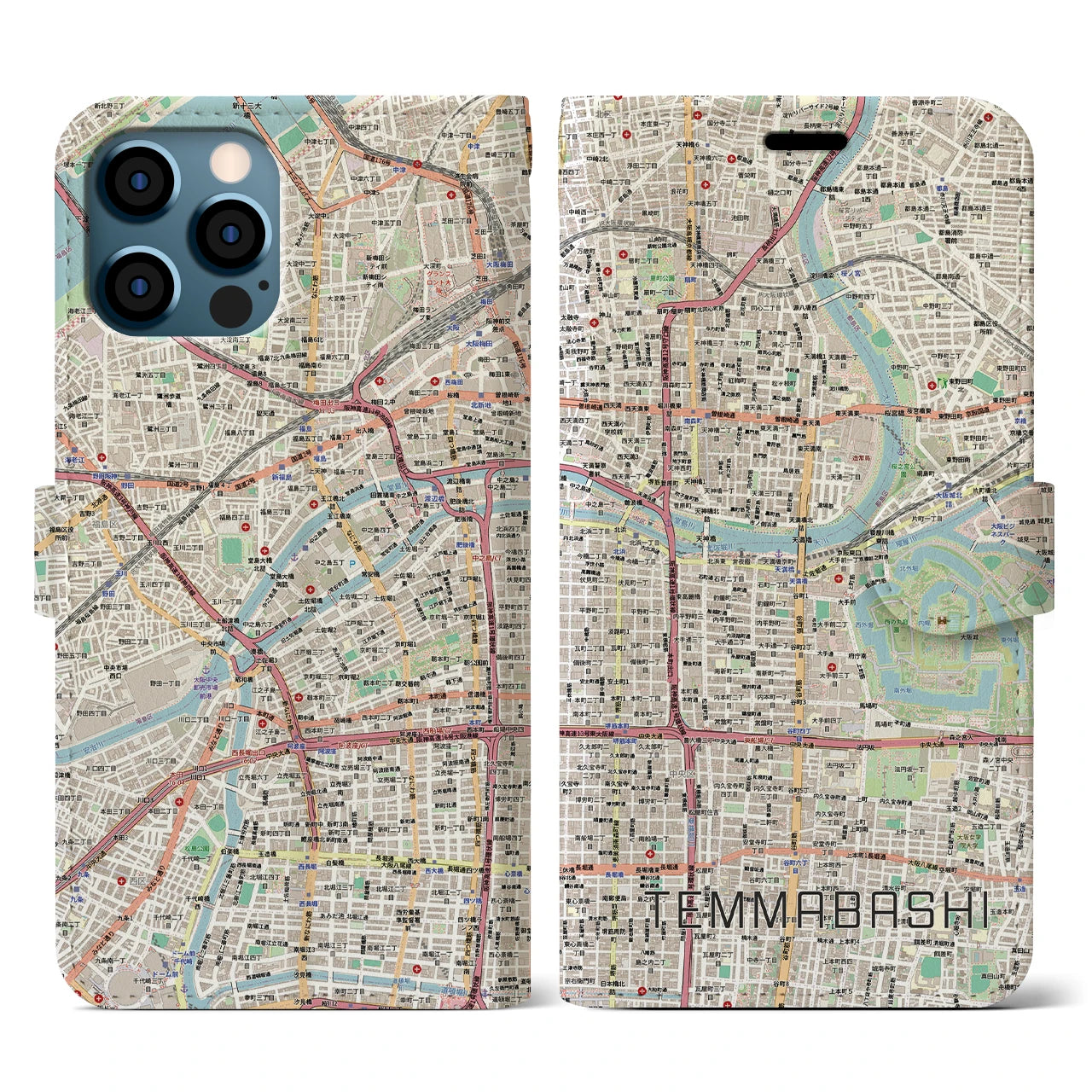 【天満橋（大阪府）】地図柄iPhoneケース（手帳タイプ）ナチュラル・iPhone 12 / 12 Pro 用