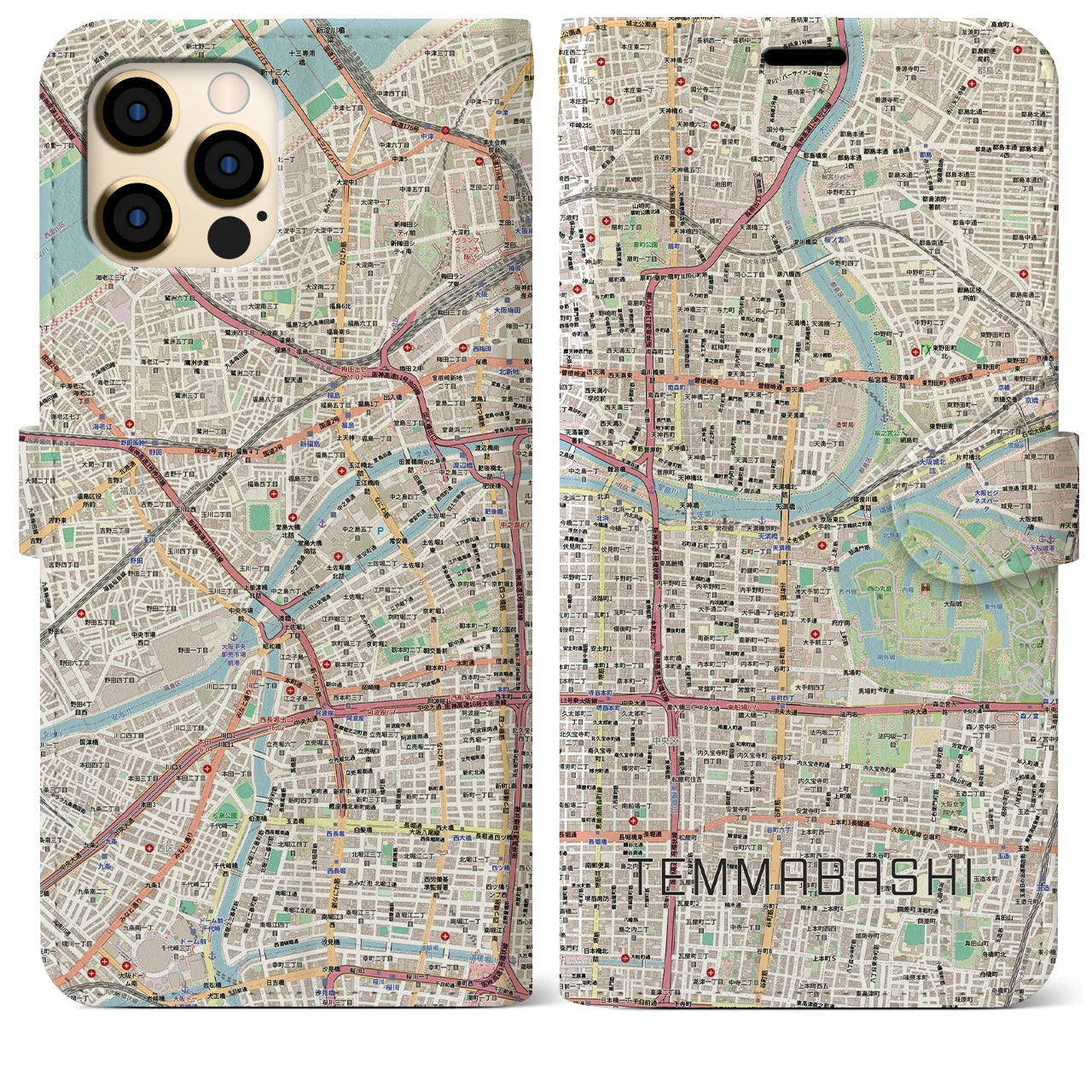 【天満橋（大阪府）】地図柄iPhoneケース（手帳タイプ）ナチュラル・iPhone 12 Pro Max 用