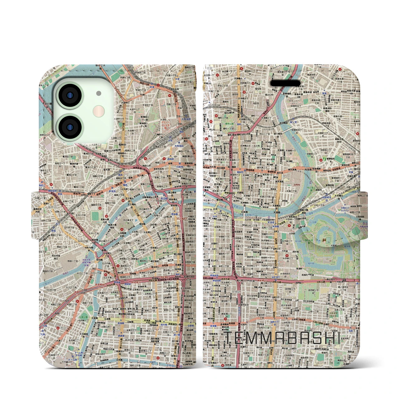 【天満橋（大阪府）】地図柄iPhoneケース（手帳タイプ）ナチュラル・iPhone 12 mini 用