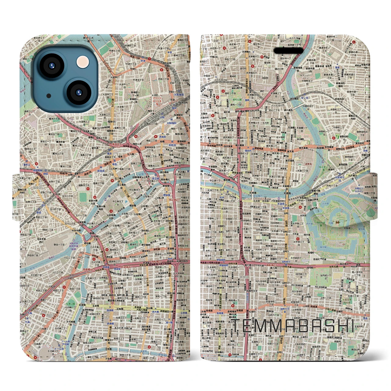 【天満橋（大阪府）】地図柄iPhoneケース（手帳タイプ）ナチュラル・iPhone 13 用