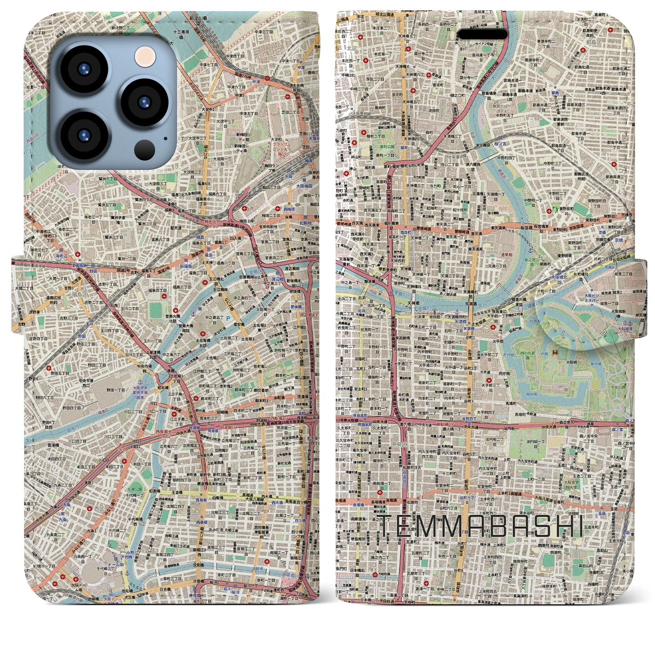 【天満橋（大阪府）】地図柄iPhoneケース（手帳タイプ）ナチュラル・iPhone 13 Pro Max 用