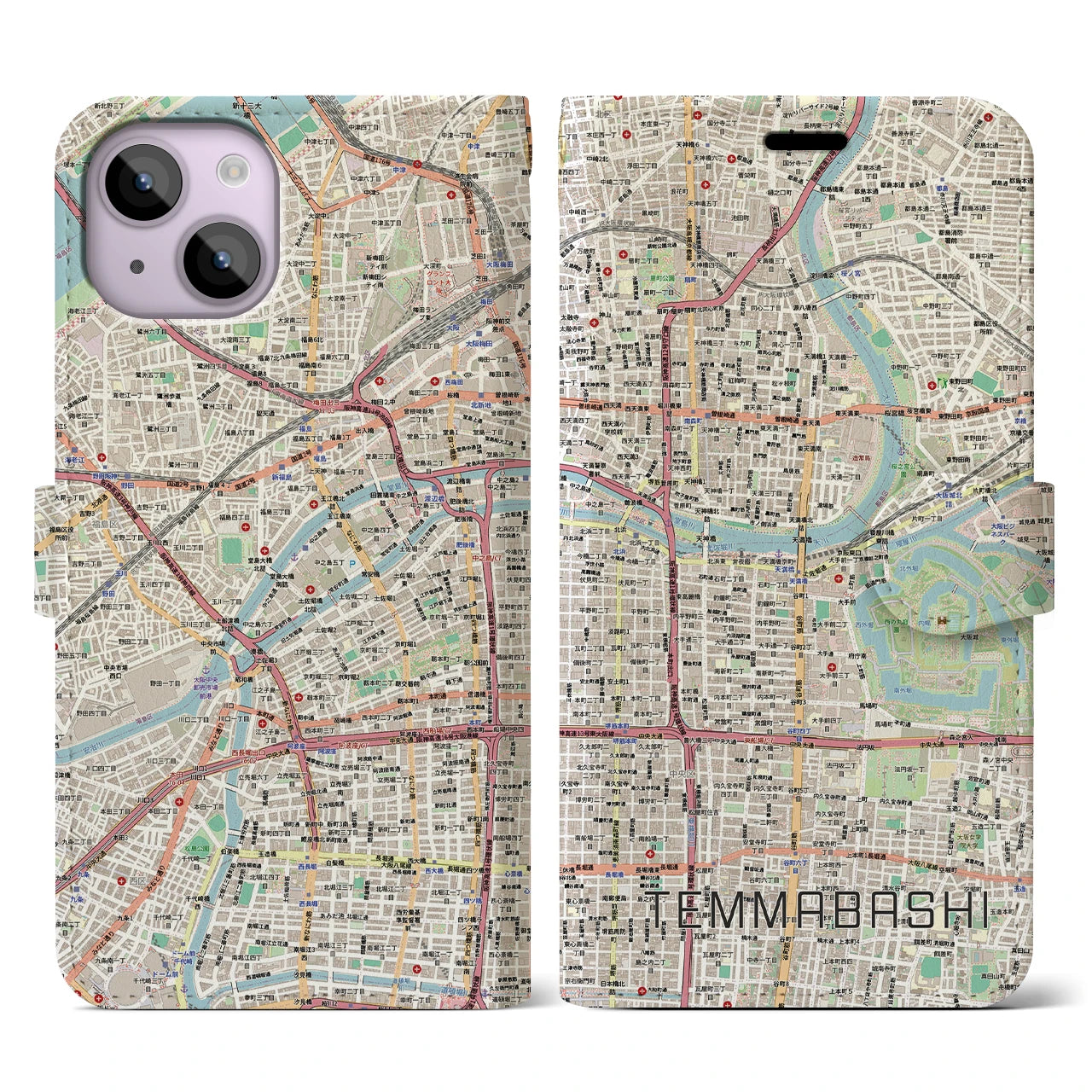 【天満橋（大阪府）】地図柄iPhoneケース（手帳タイプ）ナチュラル・iPhone 14 用