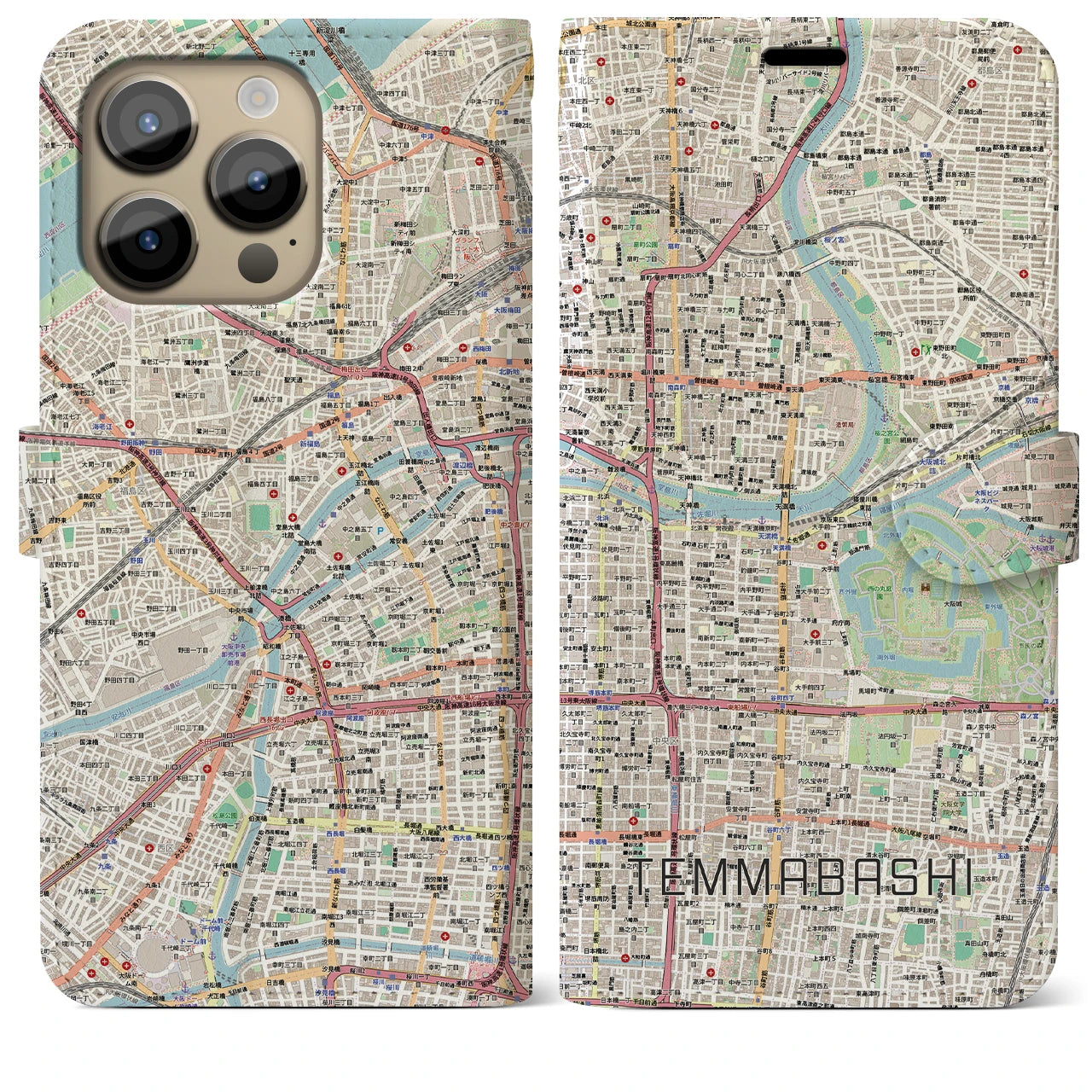 【天満橋（大阪府）】地図柄iPhoneケース（手帳タイプ）ナチュラル・iPhone 14 Pro Max 用