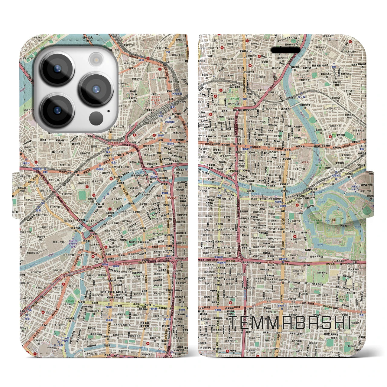 【天満橋（大阪府）】地図柄iPhoneケース（手帳タイプ）ナチュラル・iPhone 14 Pro 用