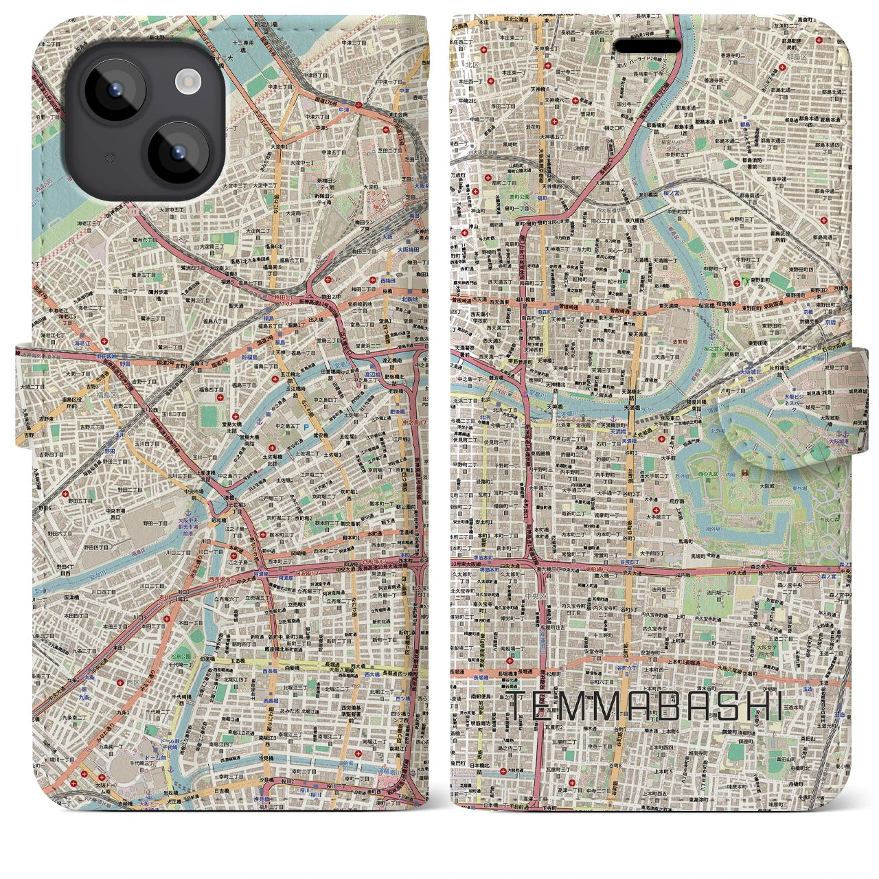 【天満橋（大阪府）】地図柄iPhoneケース（手帳タイプ）ナチュラル・iPhone 14 Plus 用