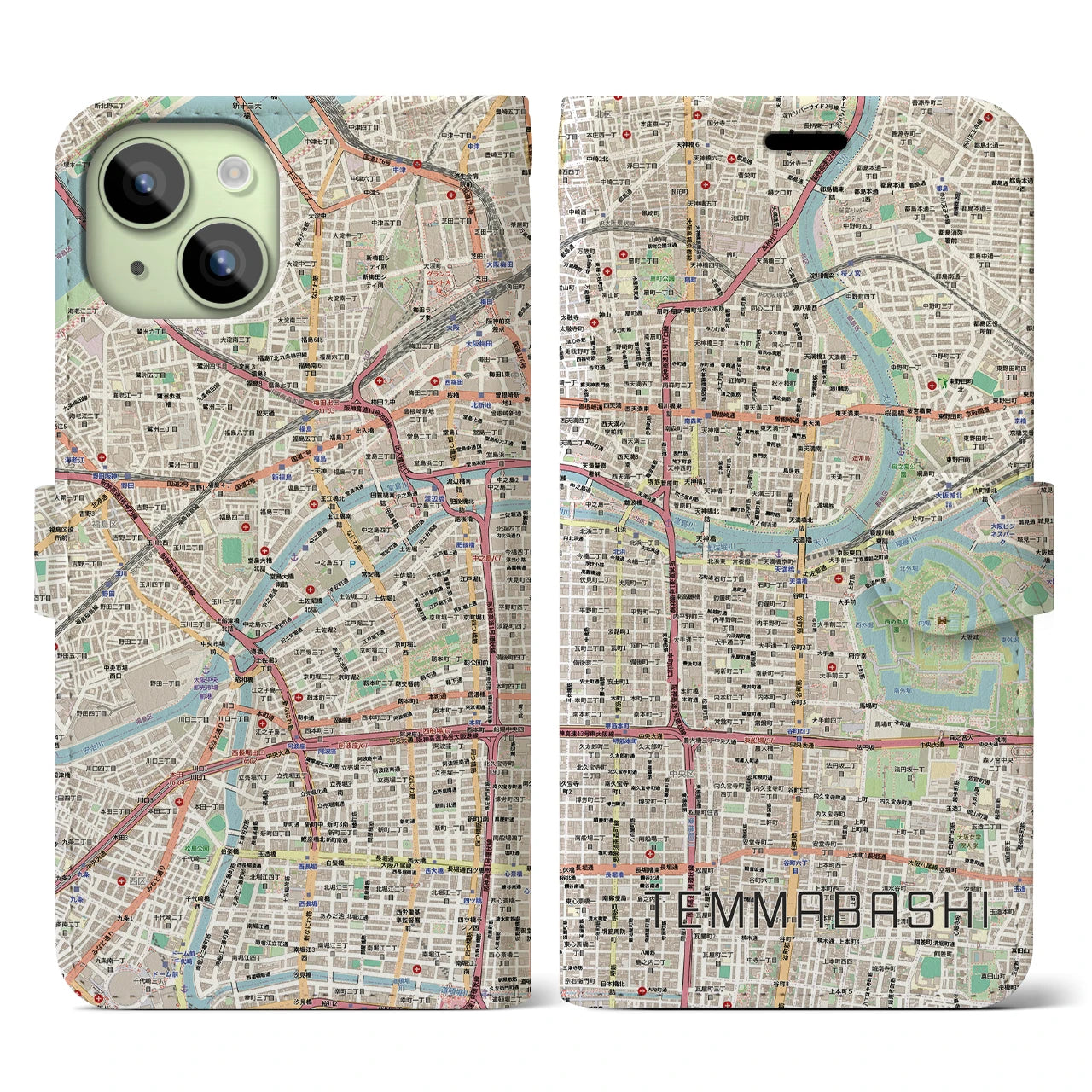 【天満橋（大阪府）】地図柄iPhoneケース（手帳タイプ）ナチュラル・iPhone 15 用