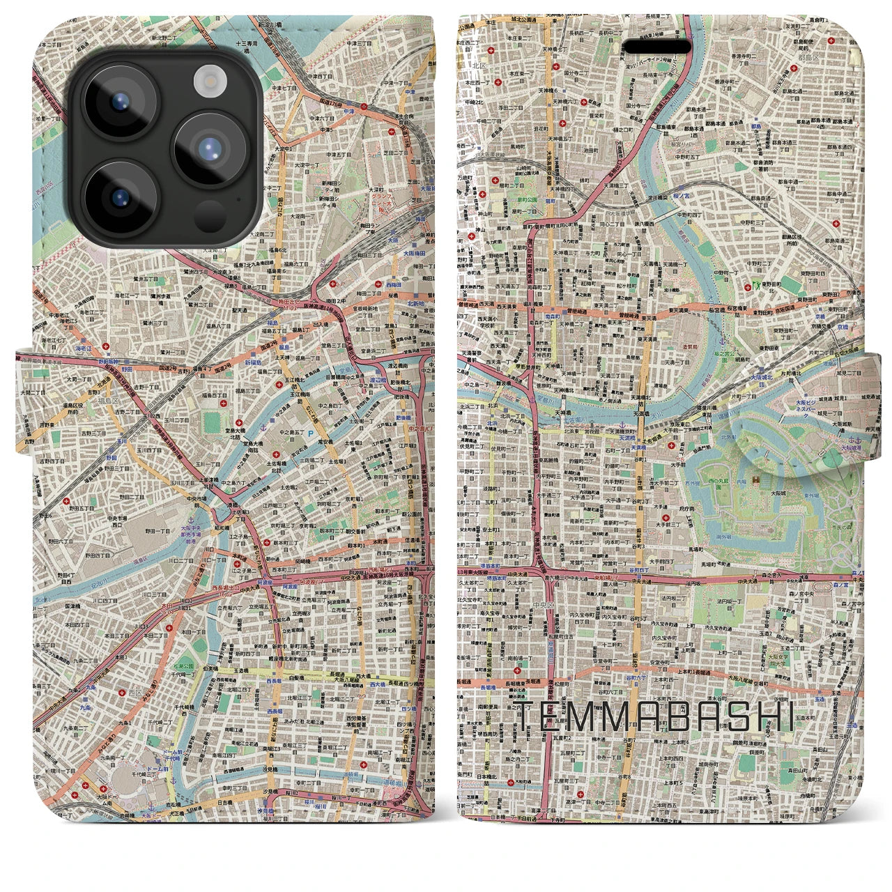 【天満橋（大阪府）】地図柄iPhoneケース（手帳タイプ）ナチュラル・iPhone 15 Pro Max 用