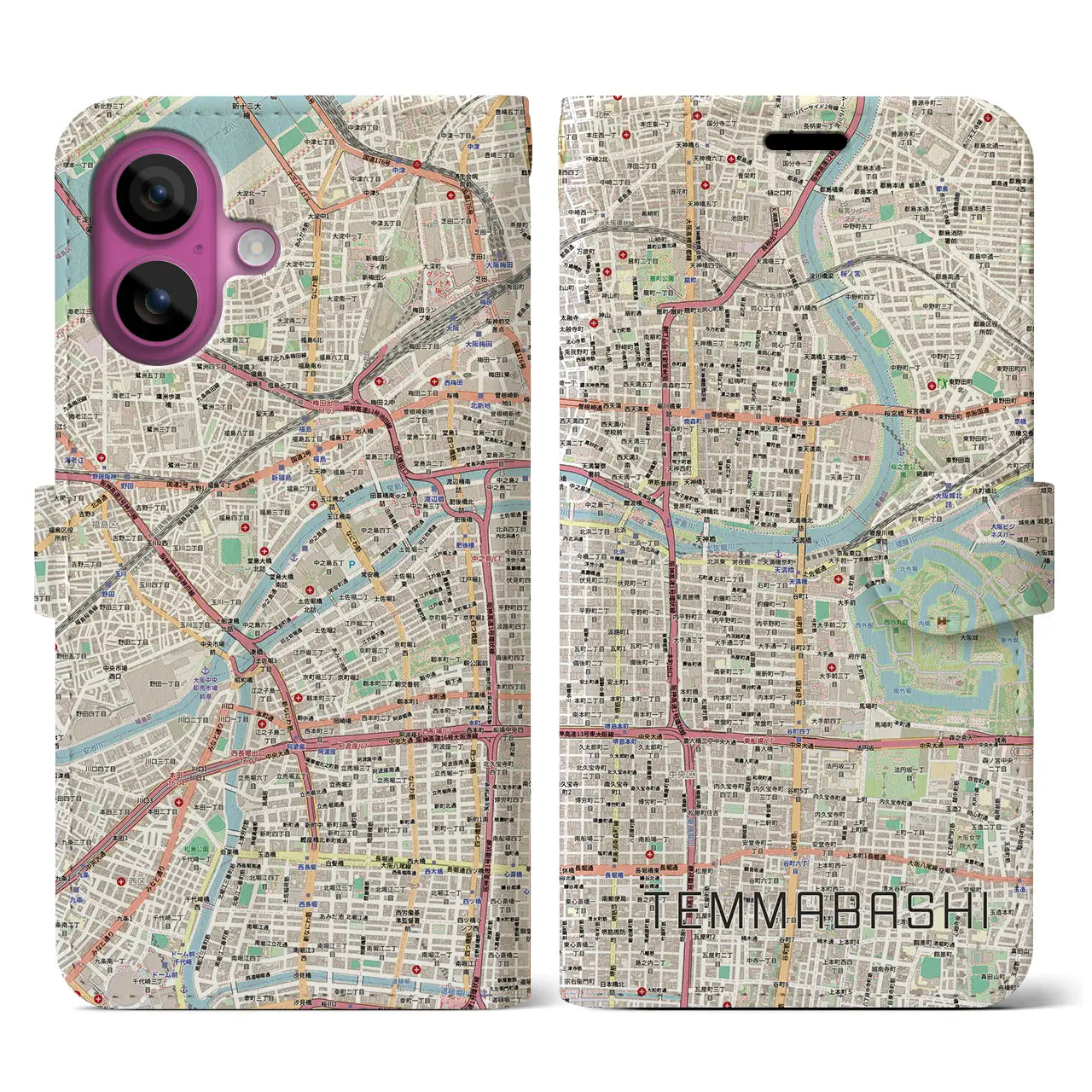 【天満橋（大阪府）】地図柄iPhoneケース（手帳タイプ）ナチュラル・iPhone 16 Pro 用