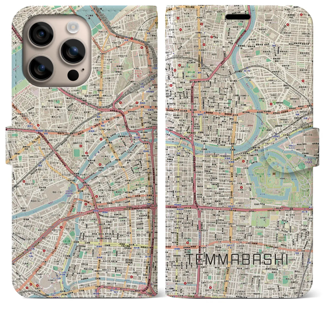 【天満橋（大阪府）】地図柄iPhoneケース（手帳タイプ）ナチュラル・iPhone 16 Plus 用