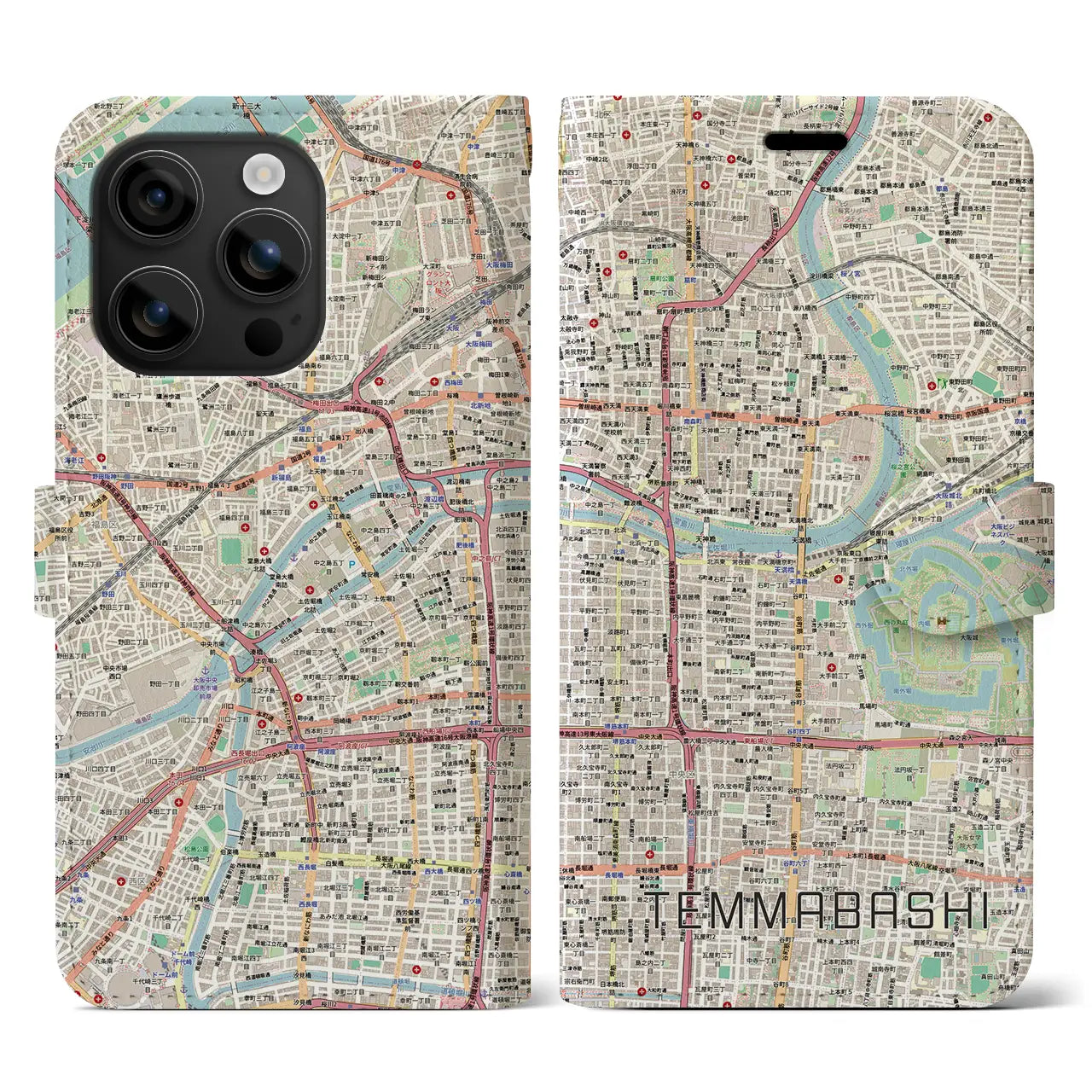 【天満橋（大阪府）】地図柄iPhoneケース（手帳タイプ）ナチュラル・iPhone 16 用