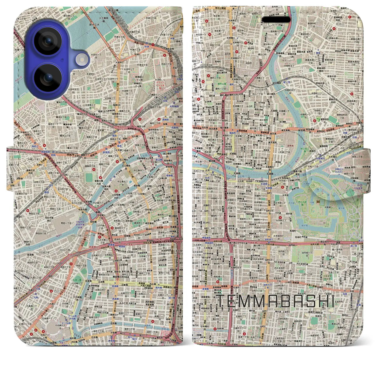 【天満橋（大阪府）】地図柄iPhoneケース（手帳タイプ）ナチュラル・iPhone 16 Pro Max 用