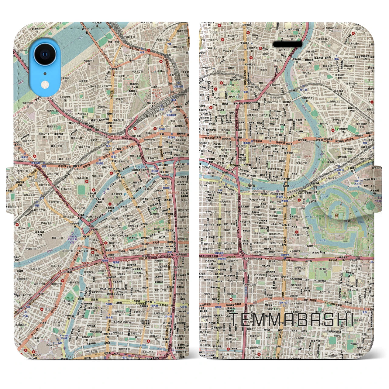 【天満橋（大阪府）】地図柄iPhoneケース（手帳タイプ）ナチュラル・iPhone XR 用