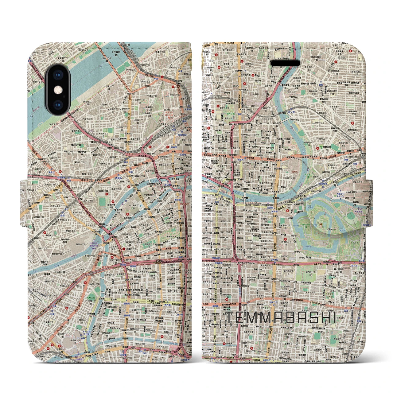 【天満橋（大阪府）】地図柄iPhoneケース（手帳タイプ）ナチュラル・iPhone XS / X 用