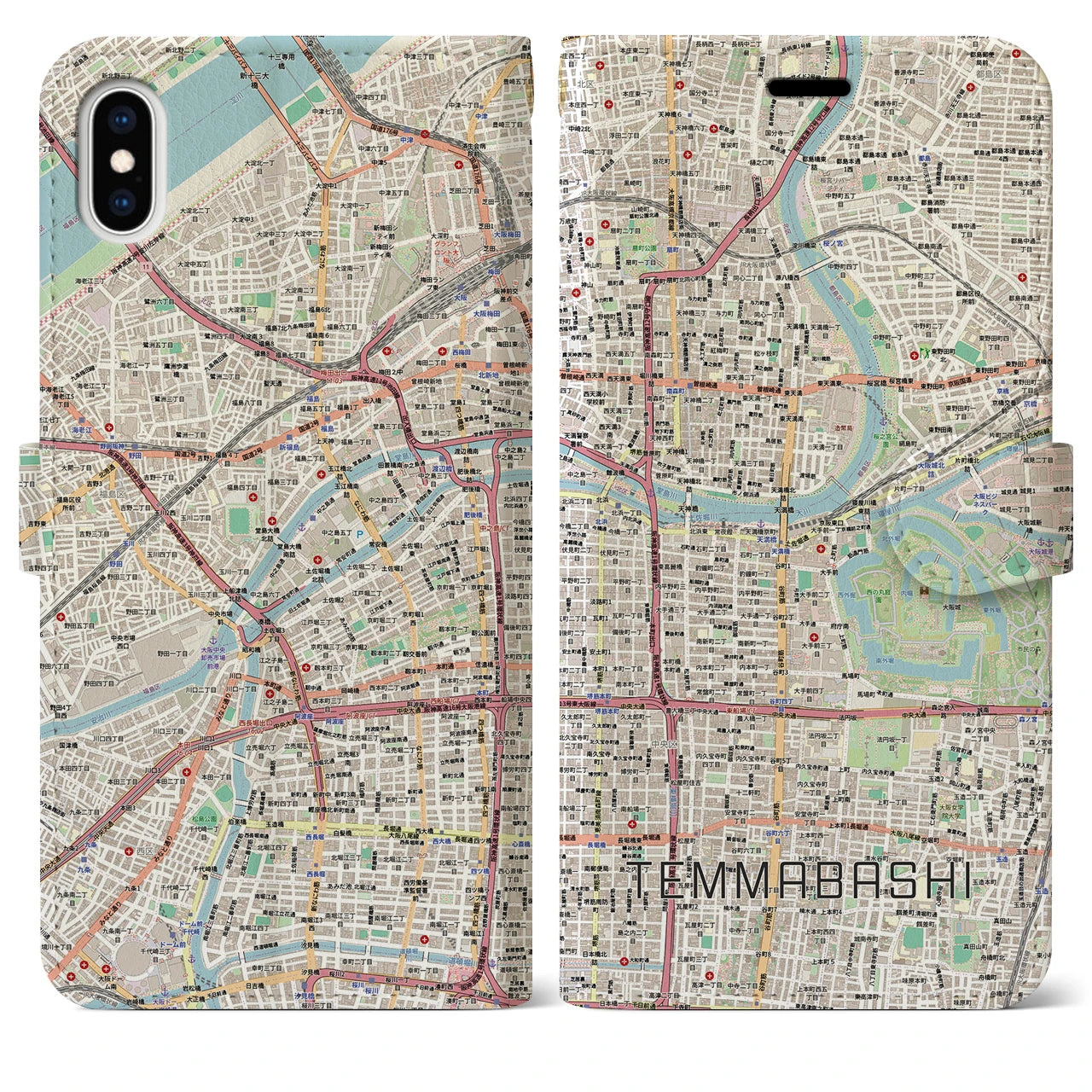 【天満橋（大阪府）】地図柄iPhoneケース（手帳タイプ）ナチュラル・iPhone XS Max 用