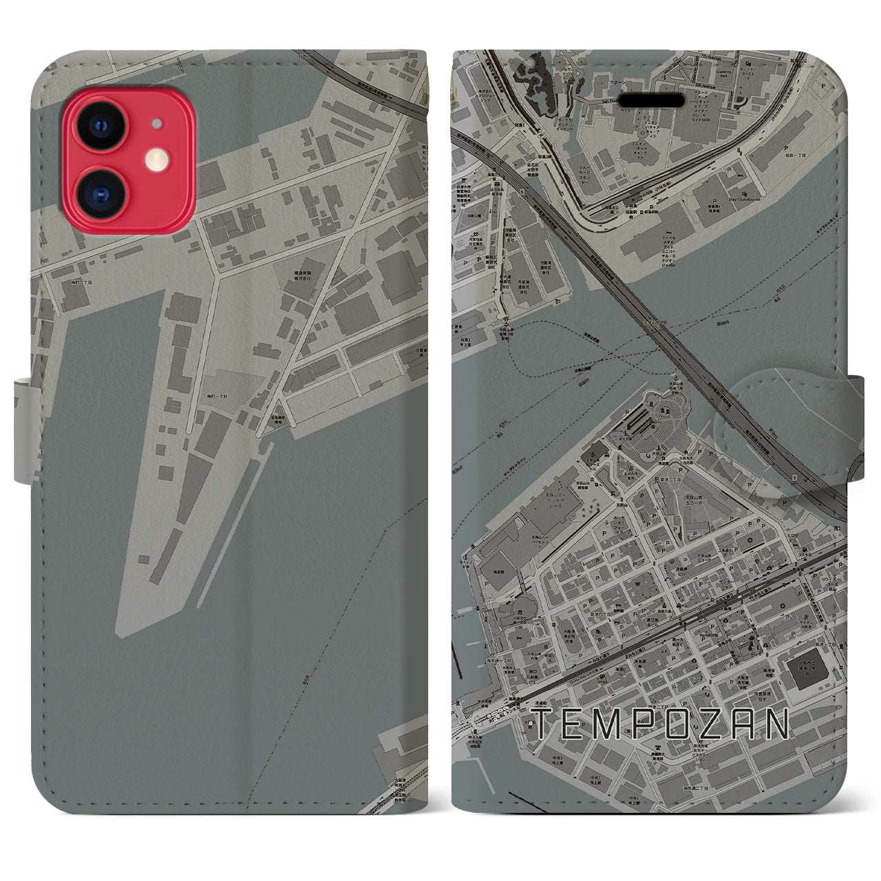 【天保山】地図柄iPhoneケース（手帳両面タイプ・モノトーン）iPhone 11 用