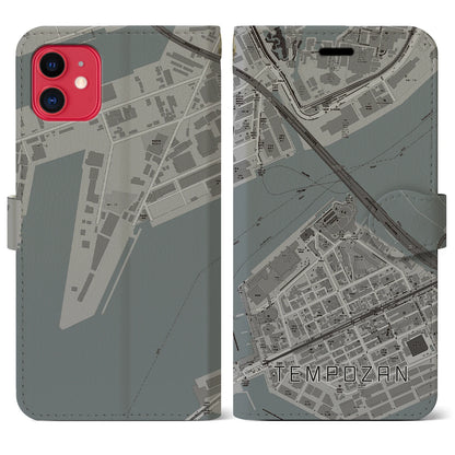 【天保山（大阪府）】地図柄iPhoneケース（手帳タイプ）モノトーン・iPhone 11 用