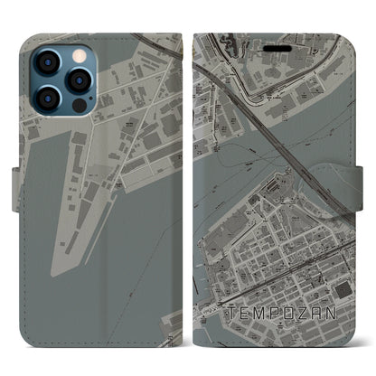 【天保山（大阪府）】地図柄iPhoneケース（手帳タイプ）モノトーン・iPhone 12 / 12 Pro 用