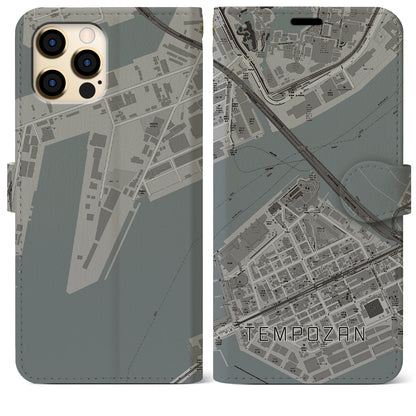 【天保山（大阪府）】地図柄iPhoneケース（手帳タイプ）モノトーン・iPhone 12 Pro Max 用