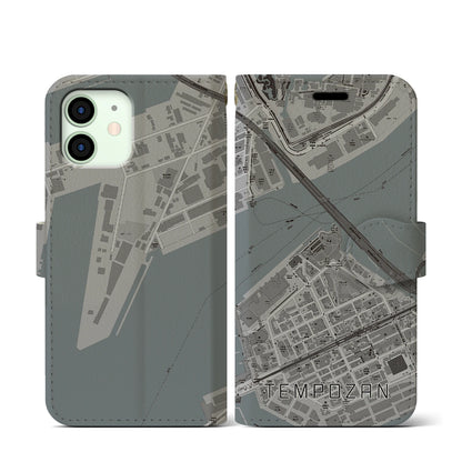 【天保山（大阪府）】地図柄iPhoneケース（手帳タイプ）モノトーン・iPhone 12 mini 用