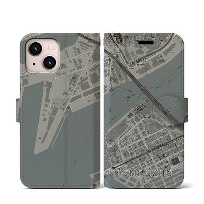 【天保山（大阪府）】地図柄iPhoneケース（手帳タイプ）モノトーン・iPhone 13 mini 用