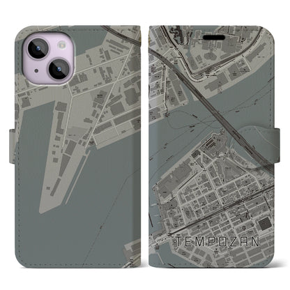 【天保山（大阪府）】地図柄iPhoneケース（手帳タイプ）モノトーン・iPhone 14 用