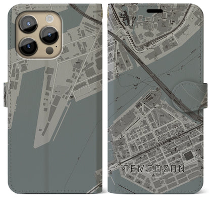 【天保山（大阪府）】地図柄iPhoneケース（手帳タイプ）モノトーン・iPhone 14 Pro Max 用