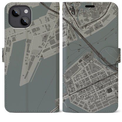 【天保山（大阪府）】地図柄iPhoneケース（手帳タイプ）モノトーン・iPhone 14 Plus 用