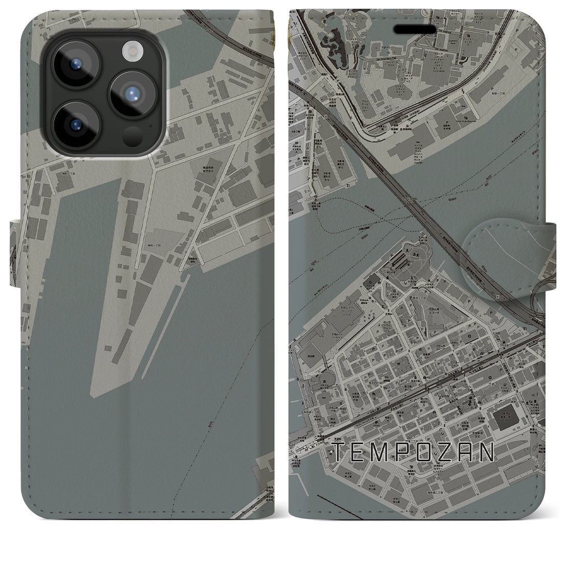 【天保山】地図柄iPhoneケース（手帳両面タイプ・モノトーン）iPhone 15 Pro Max 用