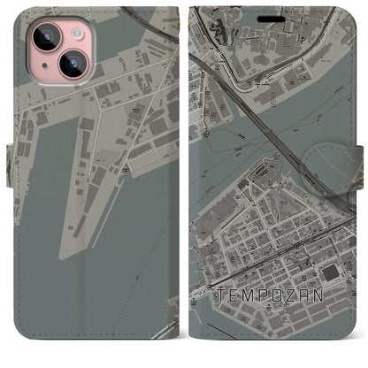 【天保山（大阪府）】地図柄iPhoneケース（手帳タイプ）モノトーン・iPhone 15 Plus 用